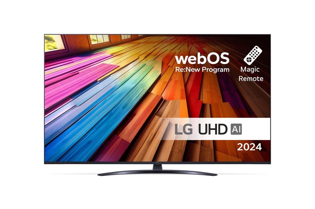 LG 55 tuuman LG UHD AI UT81 4K -Smart TV 2024, Edest? otettu kuva LG UHD TV, UT81 -televisiosta ja teksti LG UHD AI ThinQ, 2024 sek? webOS Re:New Program -logo n?yt?ll?, 55UT81006LA