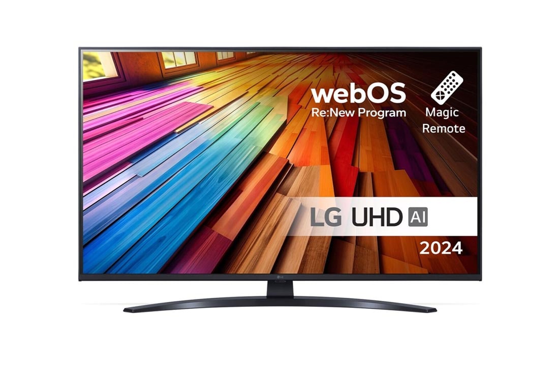 LG 43 tuuman LG UHD AI UT81 4K -Smart TV 2024, Edest? otettu kuva LG UHD TV, UT81 -televisiosta ja teksti LG UHD AI ThinQ, 2024 sek? webOS Re:New Program -logo n?yt?ll?, 43UT81006LA