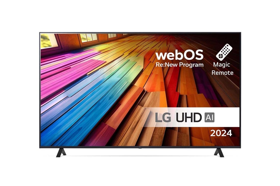 LG 43 tuuman LG UHD AI UT80 4K -Smart TV 2024, Edest? otettu kuva LG UHD TV, UT81 -televisiosta ja teksti LG UHD AI ThinQ, 2024 sek? webOS Re:New Program -logo n?yt?ll?, 43UT80006LA