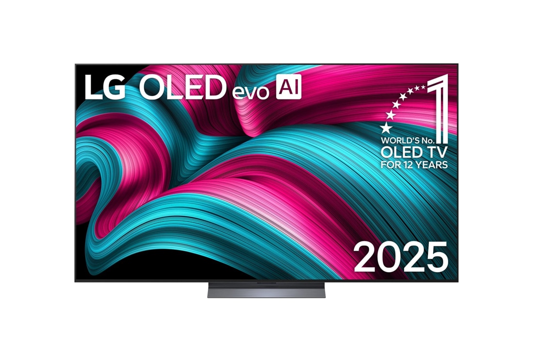 LG 83tuuman LG OLED evo AI C5 4K -?lytelevisio 2025, Edest? otettu kuva LG OLED evo AI C5E 4K -?lytelevisiosta. 12 vuotta maailman numero 1 OLED -tunnus ja LG OLED evo AI 2025 -logo ovat n?yt?ll?., OLED83C54LA