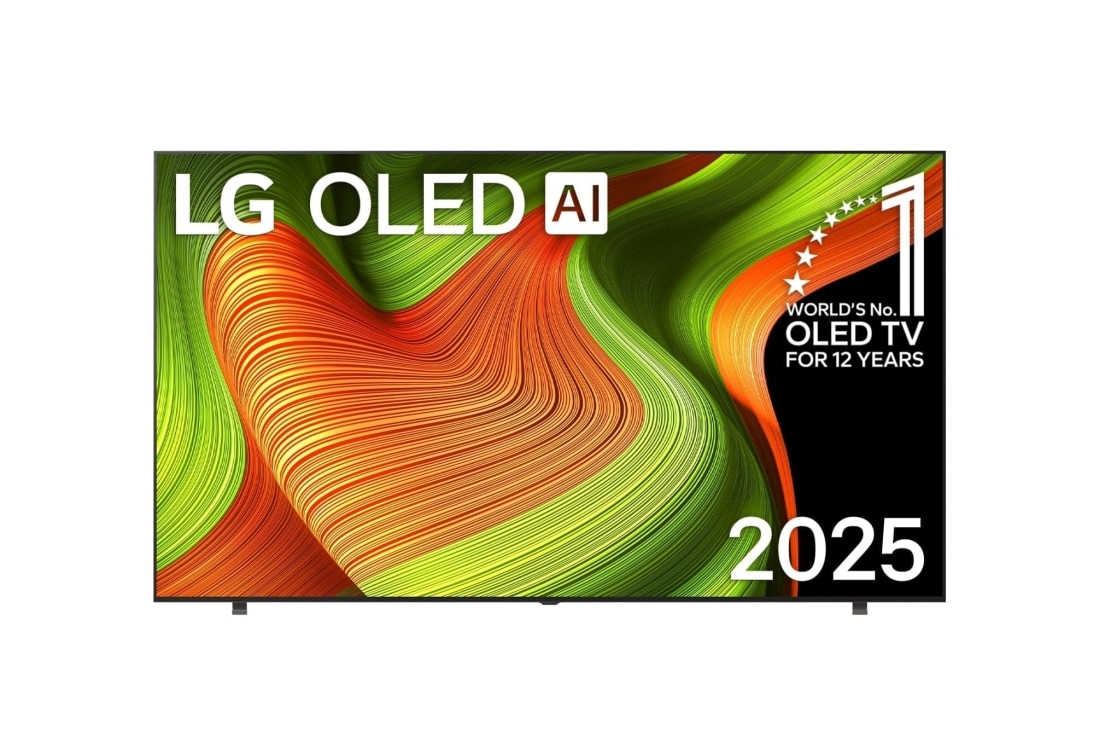 LG 77 tuuman LG OLED evo AI B5 4K -?lytelevisio 2025, Edest? otettu kuva LG OLED AI B5 4K -?lytelevisiosta. 12 vuotta maailman numero 1 OLED -tunnus ja LG OLED AI 2025 -logo ovat n?yt?ll?., OLED77B56LA