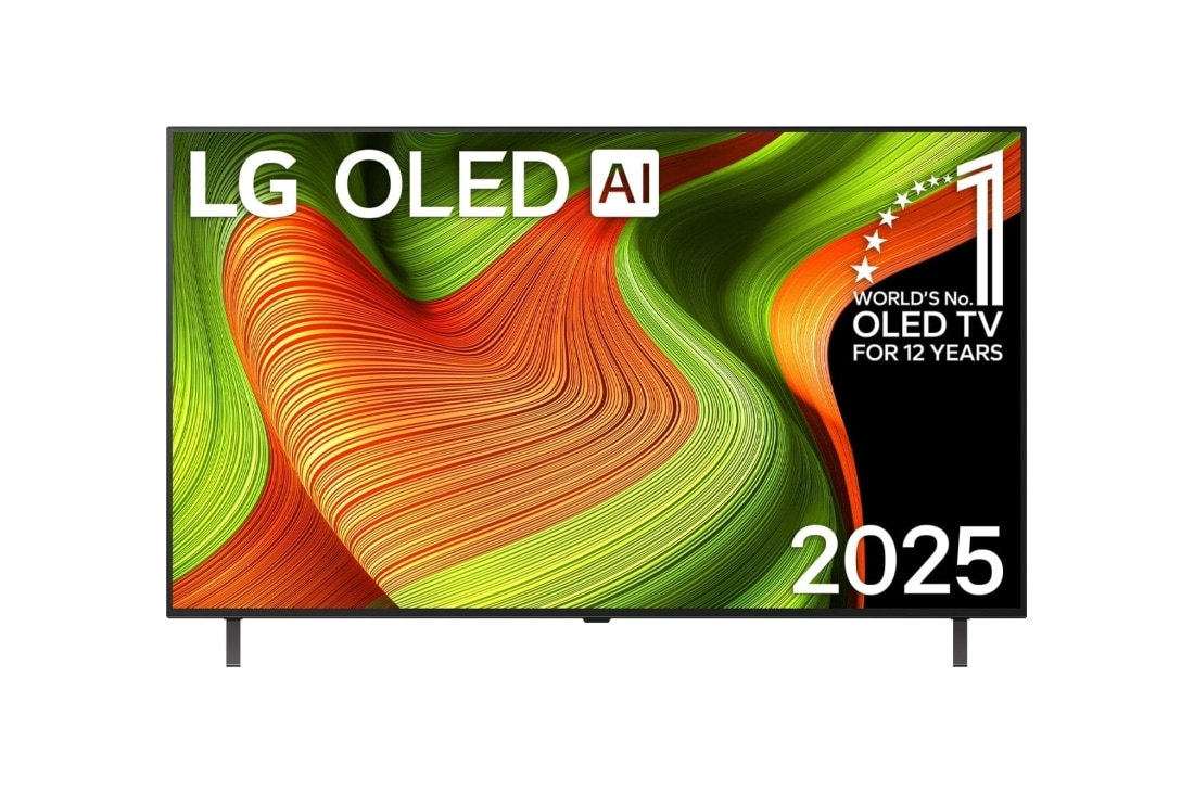 LG 55 tuuman LG OLED evo AI B5 4K -?lytelevisio 2025, Edest? otettu kuva LG OLED AI B5 4K -?lytelevisiosta. 12 vuotta maailman numero 1 OLED -tunnus ja LG OLED AI 2025 -logo ovat n?yt?ll?., OLED55B56LA