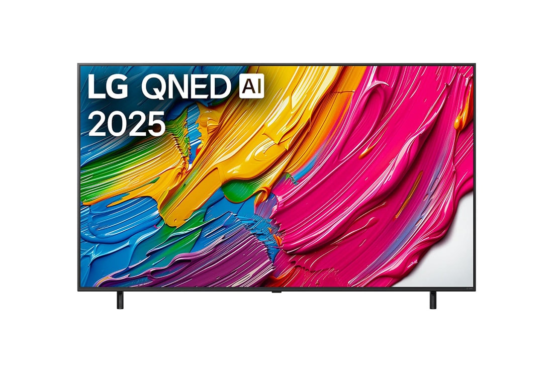 LG 65 tuuman LG QNED AI QNED80 4K -?lytelevisio 2025, Edest? otettu kuva LG QNED80 TV -televisiosta, LG QNED Al -logo yl?kulmassa. LG QNED TV -televisiossa n?kyy v?rikk?it? maalikuvioita., 65QNED80A6A