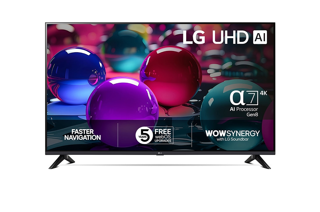 LG 50 tuuman LG UHD AI UA73 4K Smart TV 2025, Edest? otettu kuva UHD UA73 TV -televisiosta, LG UHD Al -logo yl?kulmassa. LG UHD TV -televisiossa n?kyy v?rikk?it? maalikuvioita., 50UA73006LA