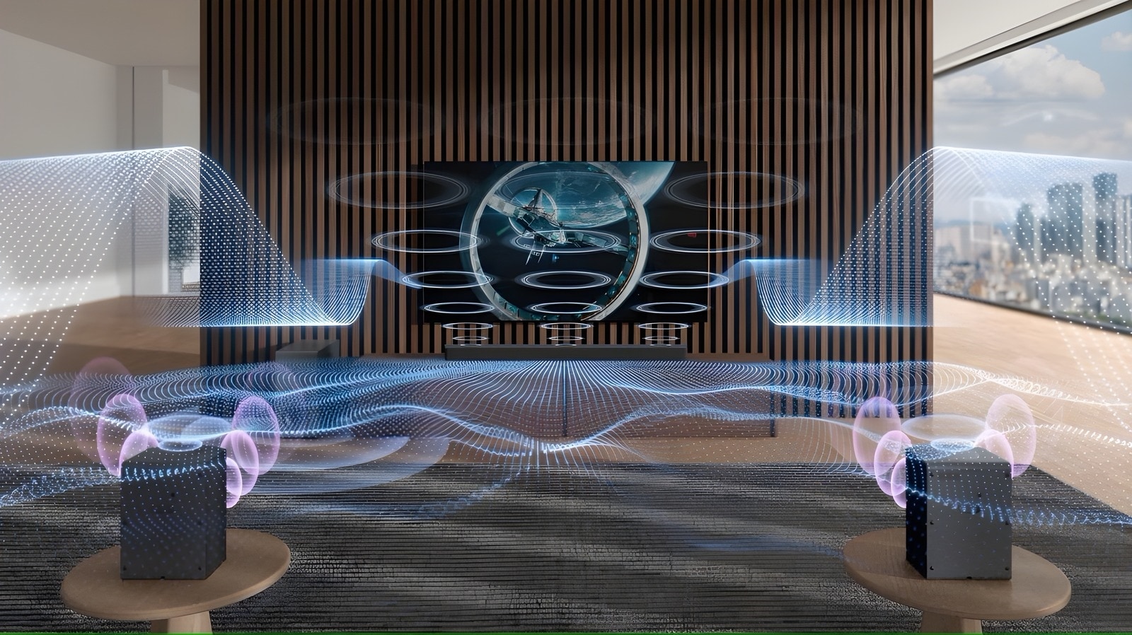 Une salle de séjour moderne équipée d’une télévision LG montée sur le mur, avec une barre de son LG. Les ondes sonores sont représentées visuellement sous forme de lignes lumineuses fluides et dynamiques, illustrant une expérience sonore immersive et multidirectionnelle.