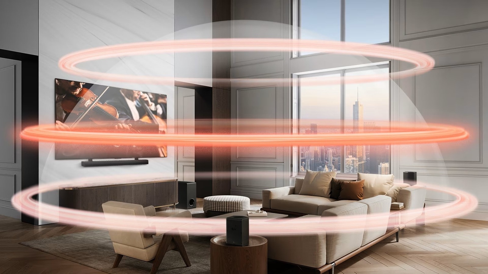 Une grande pièce lumineuse avec un canapé beige et une télévision LG accrochée au mur. Une barre de son et des haut-parleurs supplémentaires sont disposés autour de la pièce. Des cercles lumineux rouges entourent la télévision, symbolisant une qualité sonore enveloppante et immersive.