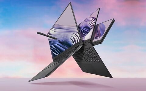 Notebook LG gram Pro 2in1 en différentes configurations, montrant sa flexibilité et son écran tactile, idéal pour les voyages.