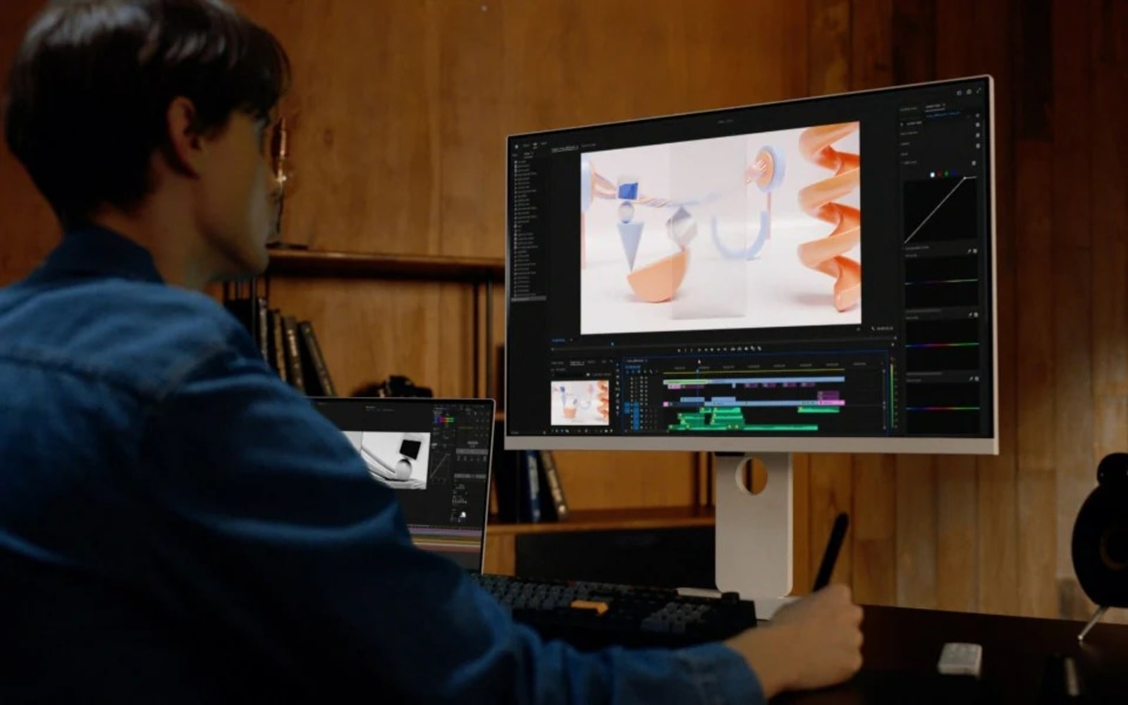 un Smart Monitor LG utilisé pour le montage vidéo dans une configuration compacte et peu encombrante. Le bureau est bien organisé et le moniteur affiche un logiciel d’édition avec une interface épurée. Le cadre met l’accent sur l’utilisation efficace de l’espace dans un environnement de travail lambrissé confortable.