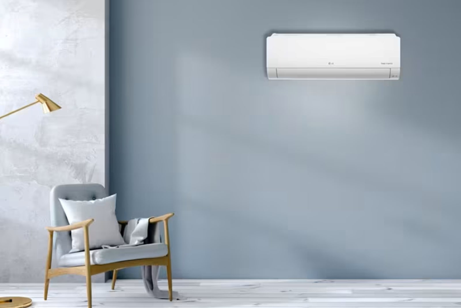 Une pièce élégante et lumineuse avec un canapé gris et un fauteuil jaune, rafraîchie par un climatiseur mural LG émettant un flux d'air bleu, représentant une atmosphère confortable et sereine.