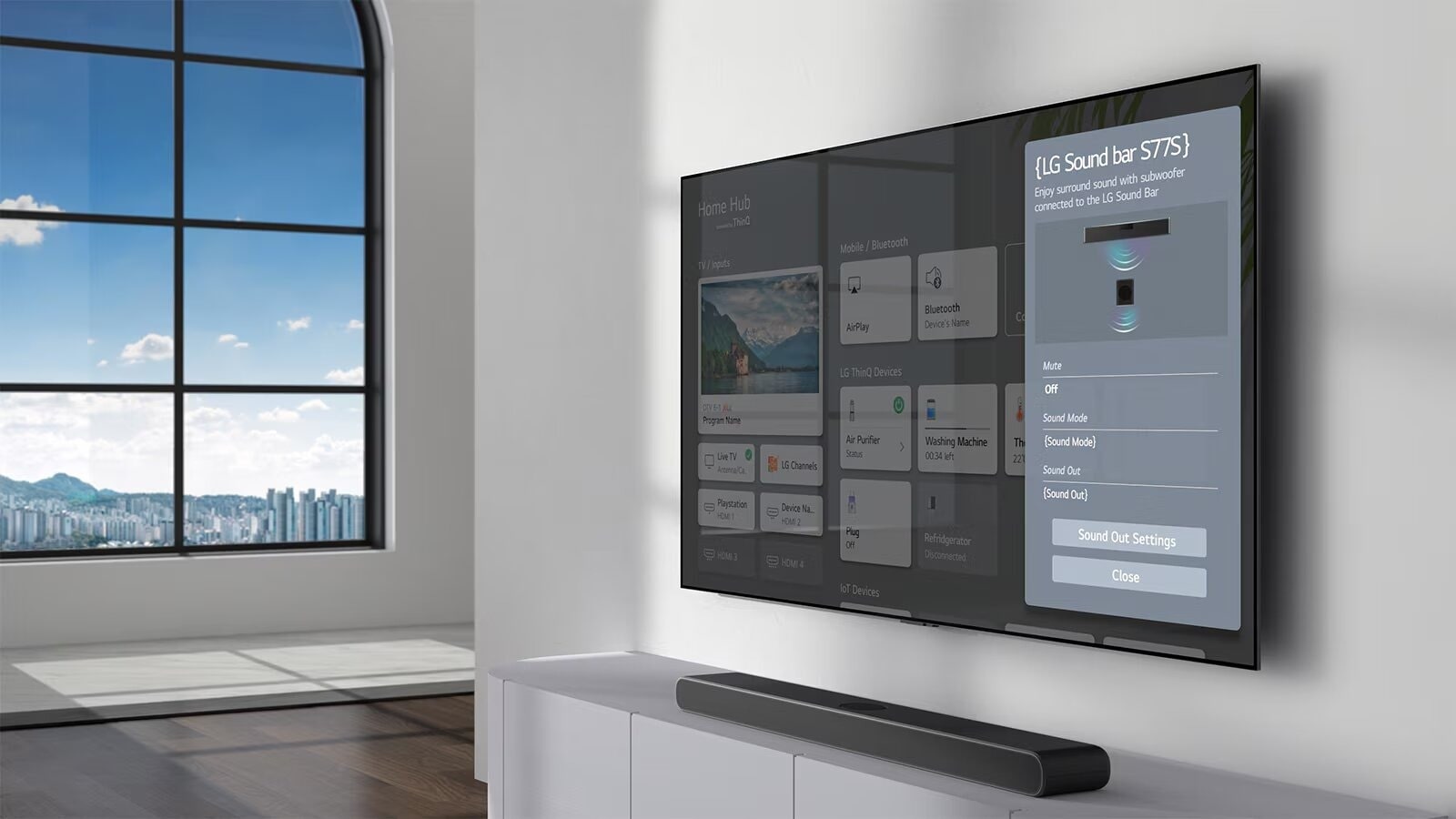Une TV LG murale affichant le menu de réglage d’une barre de son LG, la barre de son elle-même étant placée sur une console blanche minimaliste sous l’écran. L’interface de la TV LG met en évidence les options de réglage du son et de connexion des appareils, ce qui souligne son fonctionnement intégré pour le divertissement à domicile.