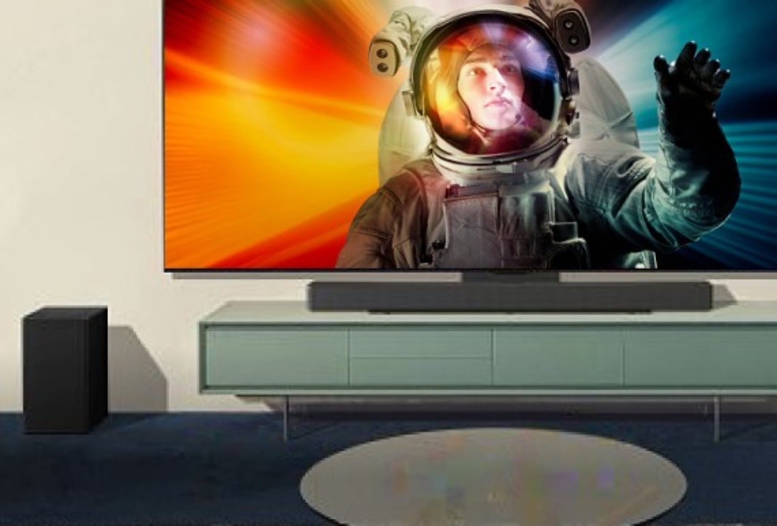 Un salon équipé d’un téléviseur et d’une barre de son LG. L’écran affiche une scène éclatante dans l’espace comprenant un astronaute, soulignant ainsi l’expérience cinématographique.