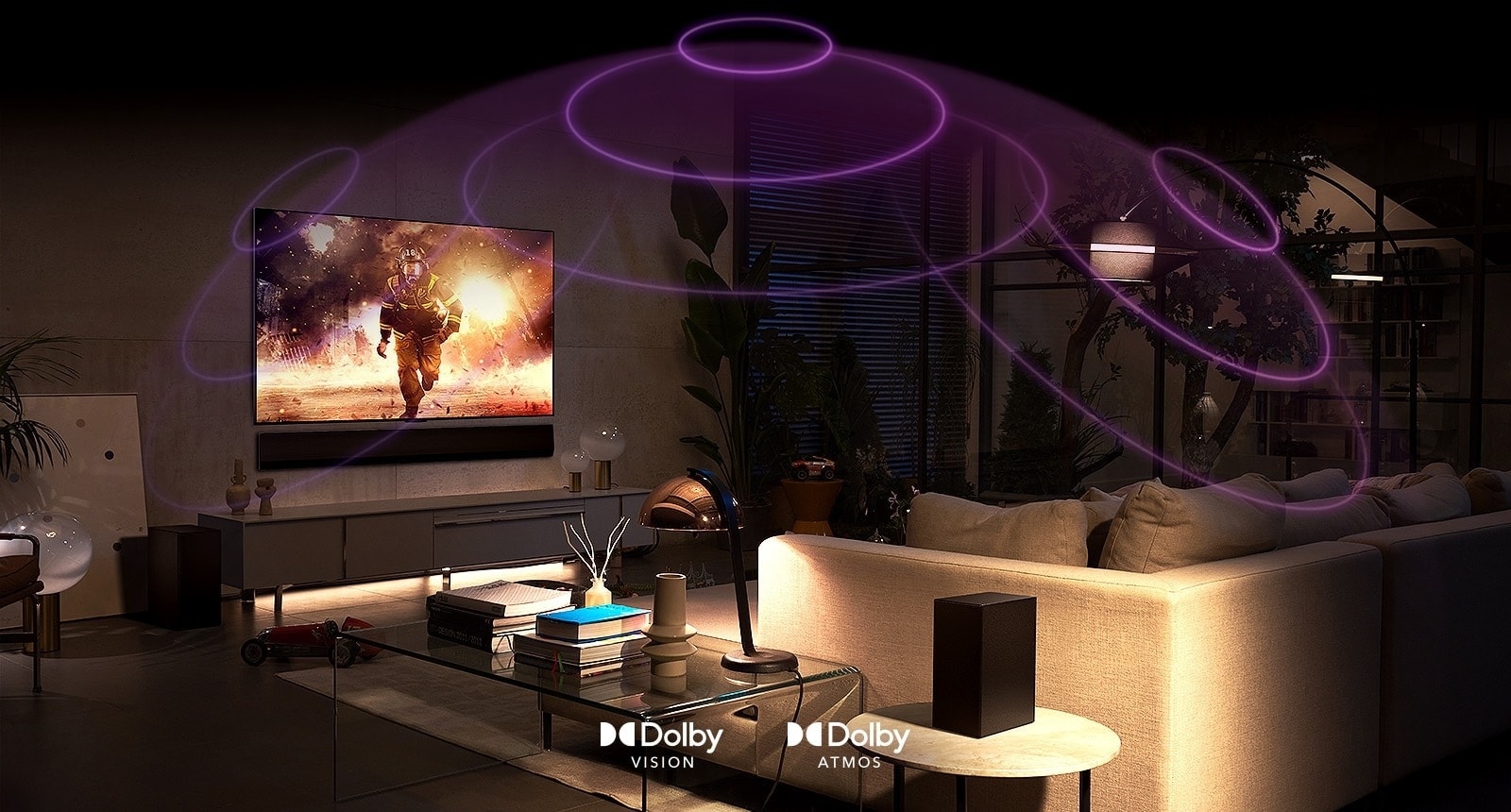 Salon moderne avec une TV LG affichant une scène d'action, entourée de vagues lumineuses illustrant le son Dolby Atmos et l'image Dolby Vision pour une expérience immersive.