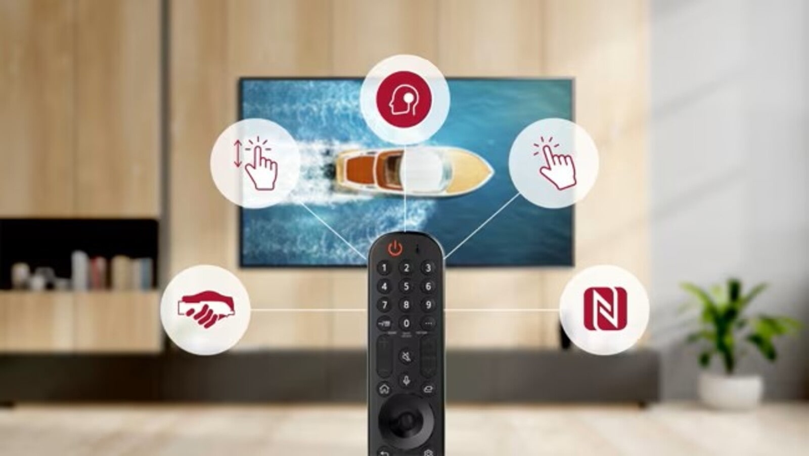 Télécommande LG Magic Remote en avant-plan avec des icônes de fonctions flottantes, et une télévision affichant un bateau sur l'eau en arrière-plan.