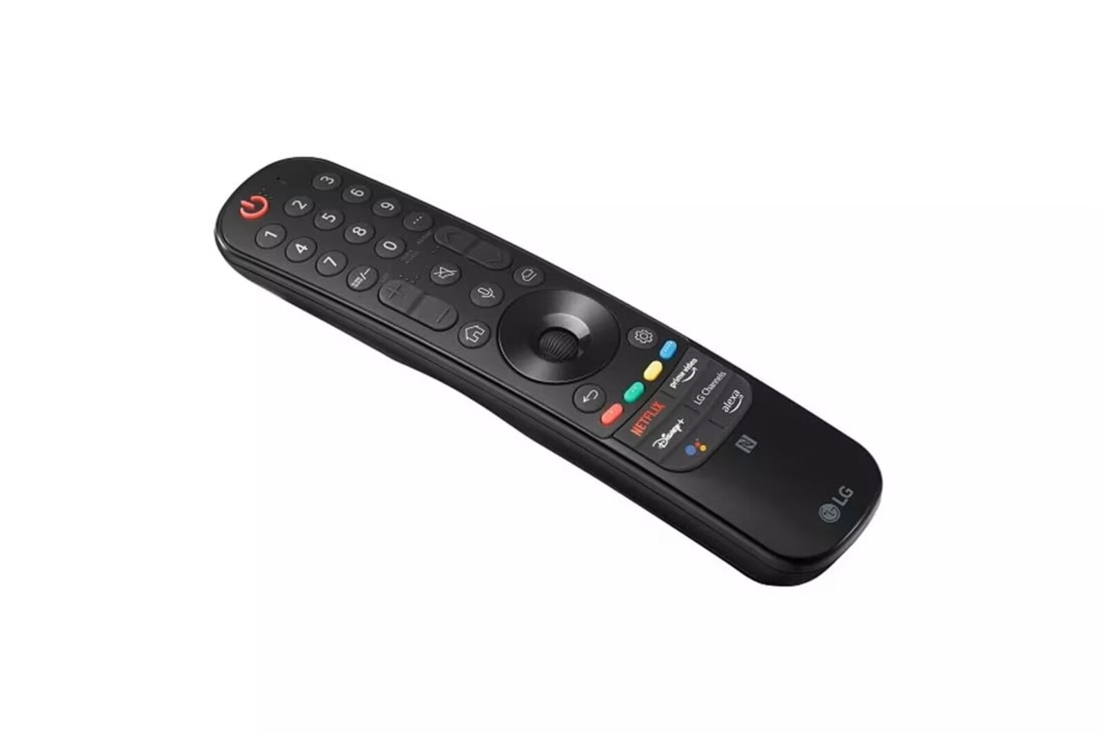 Télécommande LG Magic Remote noire avec des boutons de commande, incluant des raccourcis pour Netflix, Amazon Prime, Disney+, et d'autres applications.