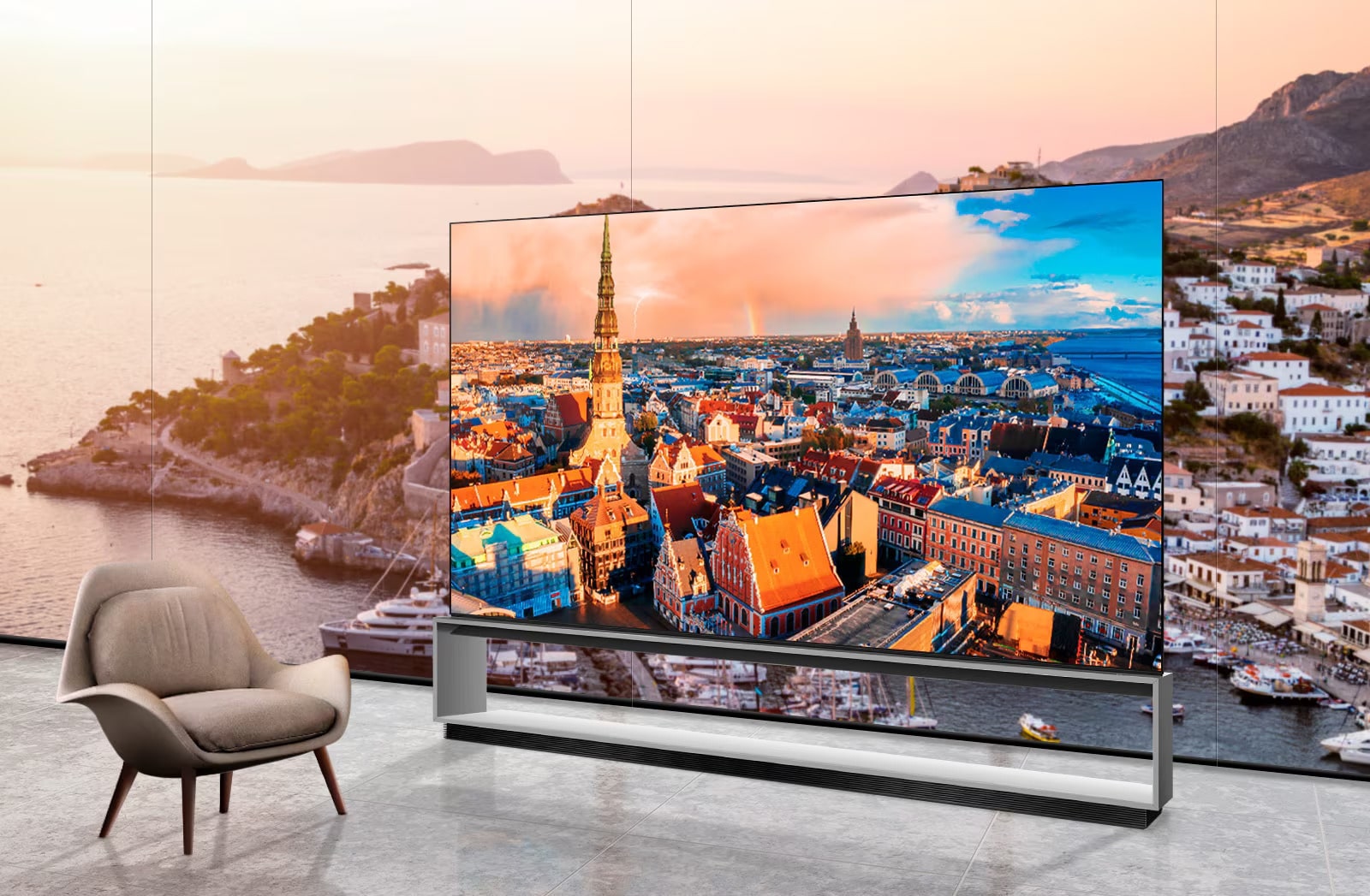 Une télévision à écran plat LG vue de dessus, affichant un dessin abstrait éclatant avec des formes tourbillonnantes dans des tons bleus, violet et sarcelle. La télévision est dotée de pieds fins et d’un cadre épuré, soulignant son style moderne et minimaliste.