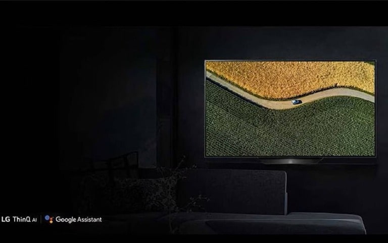 LG ThinQ AI TV avec intégration Google Assistant, présentant une image de paysage éclatante dans un salon moderne.