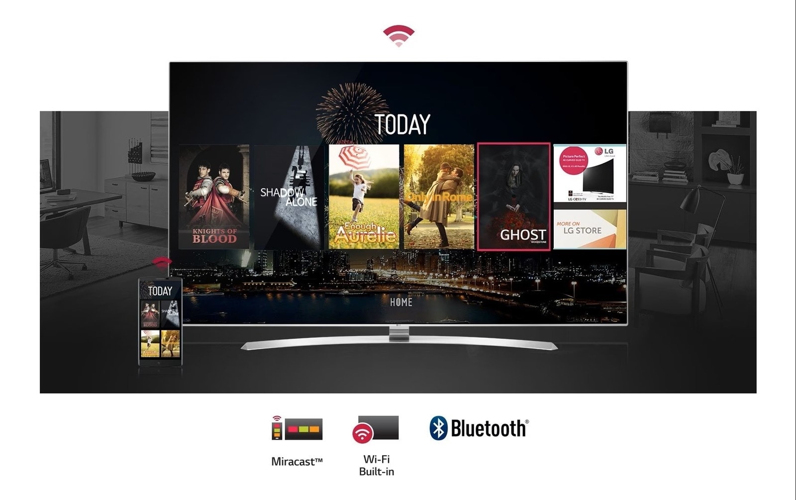 Un utilisateur connecté en Wi-Fi partage du contenu sur une télévision LG avec Miracast et Bluetooth intégrés.