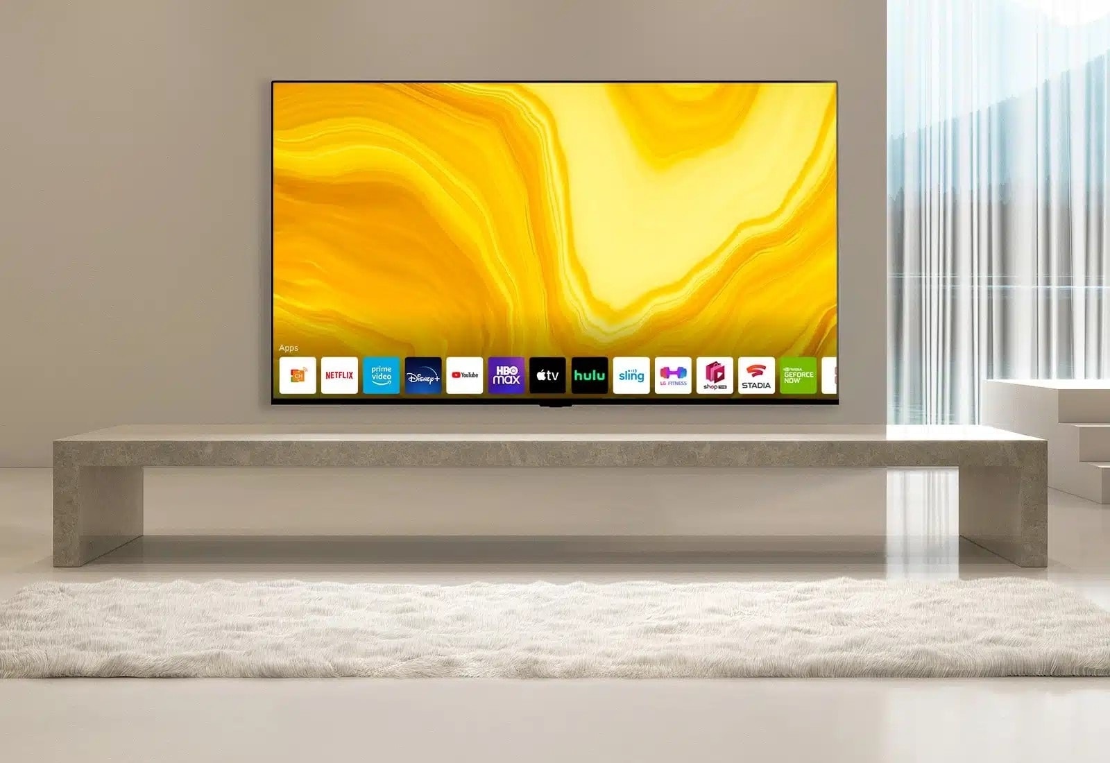un salon moderne et minimaliste avec un téléviseur LG aux lignes épurées sur une console en pierre. L’écran affiche une ?uvre d’art jaune vif. Le design épuré et élégant souligne à la fois le style et la fonctionnalité.