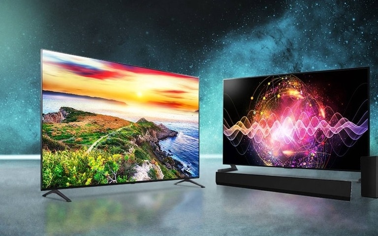 Deux TV IA de LG côte à côte, démontrant une technologie d’affichage de pointe et des visuels améliorés par l’IA pour une expérience de divertissement inégalée.