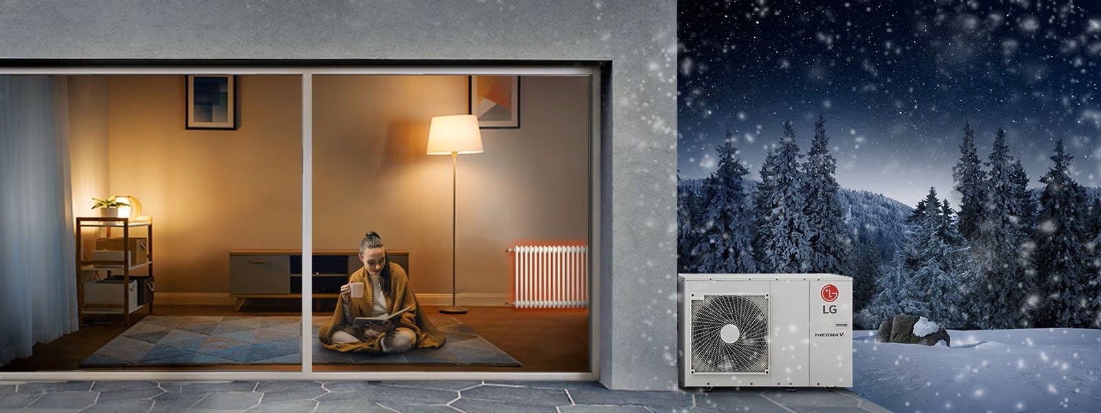 Une porte vitrée coulissante adjacente à une pompe à chaleur LG, avec un chien qui gambade dans la neige à l'extérieur.