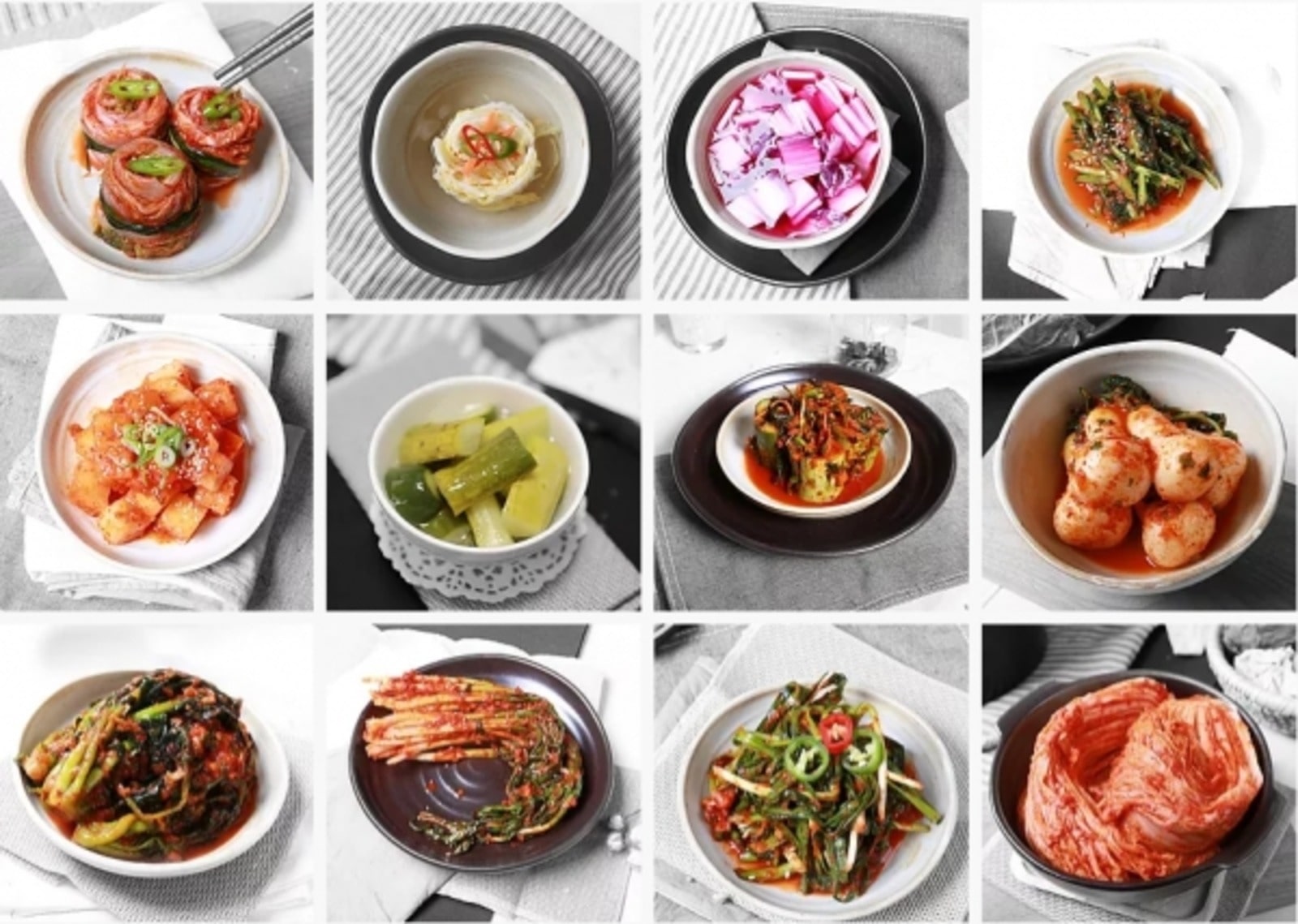 12?plats de kimchi et de légumes marinés variés, présentant un assortiment coloré de spécialités coréennes.