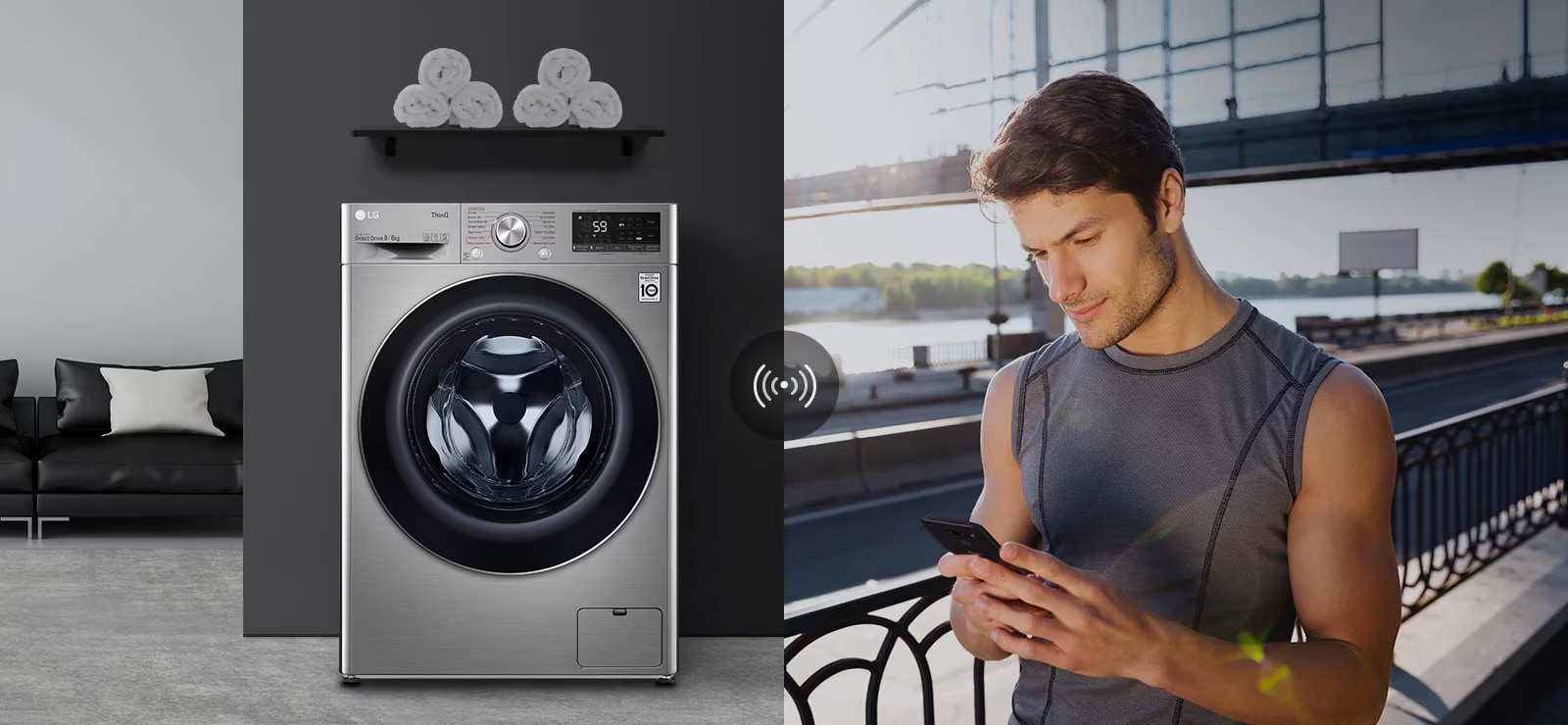 Montage illustrant un lave-linge compact LG en acier inoxydable dans un intérieur moderne à gauche, et un homme en tenue sportive utilisant son smartphone en extérieur à droite, représentant la connectivité intelligente de l’appareil.