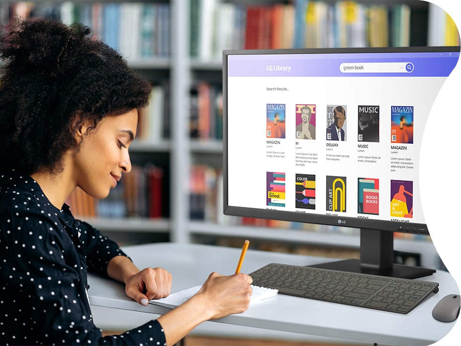 A student is searching for books using the LG 27-inch Full HD All-in-One Thin Client. The fanless design increases the LG Thin Client's lifespan and also reduces replacement costs. The low noise and heat provide a pleasant office environment, and the lower power consumption reduces management costs.