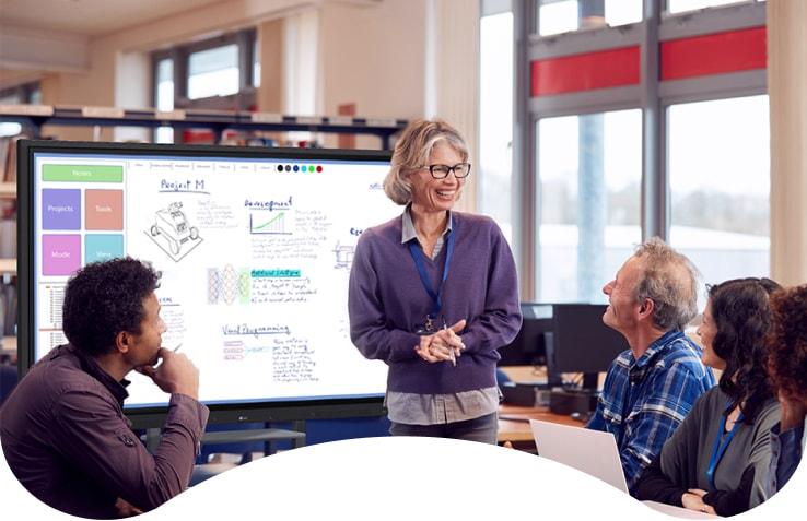 People are having a discussion using LG One:Quick Flex. LG One: Quick Flex is the all-in-one video conferencing display equipped with a camera, microphone, and speakers as an effective communication tool.
