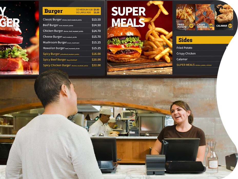 A 55-inch UHD Signage displays menu and promotion information for the customers in fast food restaurants.