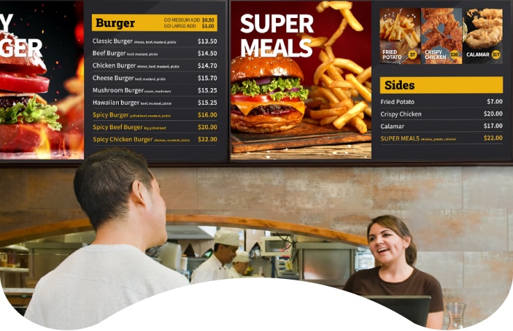 A 55-inch UHD Signage displays menu and promotion information for the customers in fast food restaurants.