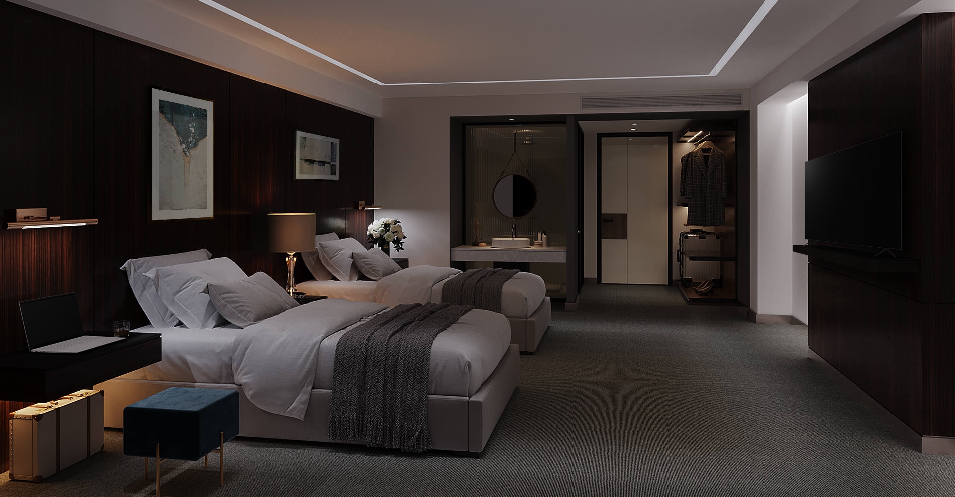 A hotel guest room is equipped with LG Electronics products such as TV, laptop, hot water solution and air solutions, as part of LG's Integrated Solutions.