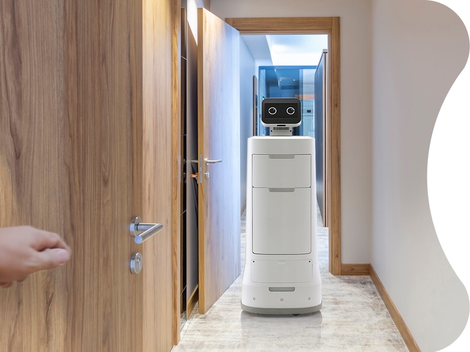 As the hotel guest room door opens, there lies a LG CLOi ServeBot bringing guest order. Be it food or any other ammenity, LG CLOi can serve.