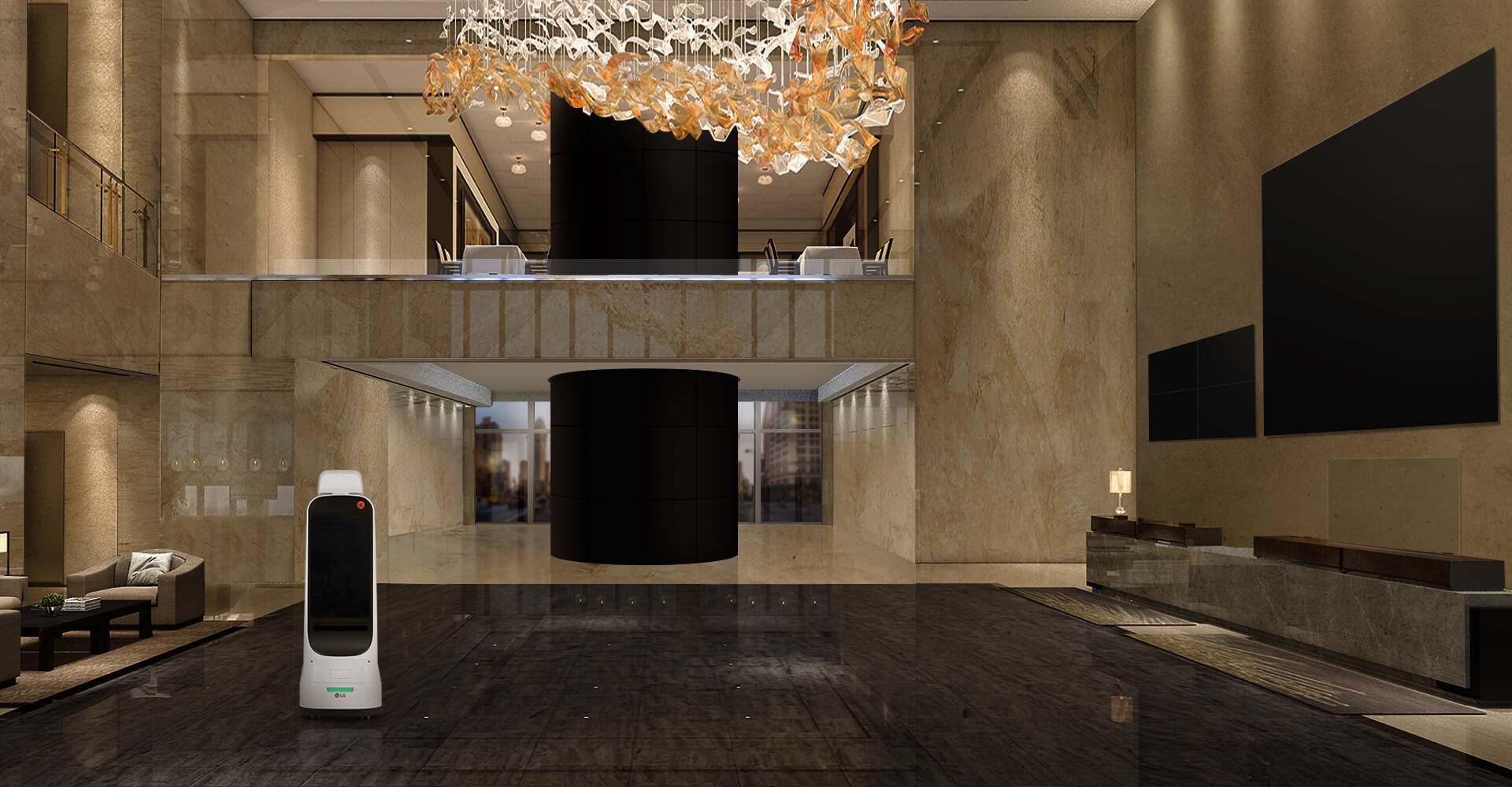 A hotel lobby is equipped with a set of displays that welcome the guests from its entrance. A transparent OLED screen and LG CLOi GuideBot are also there to aid the guests.