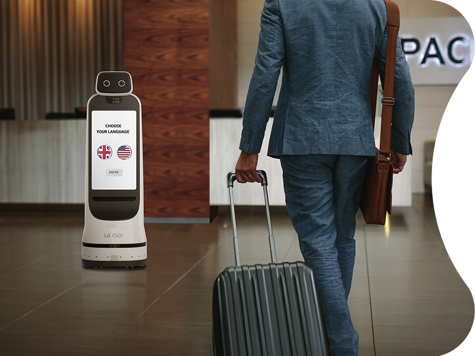 LG CLOi GuideBot guide guests in the lobby, while also displaying advertisement content.