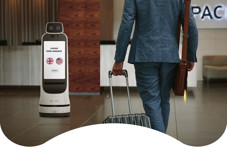 LG CLOi GuideBot guide guests in the lobby, while also displaying advertisement content.