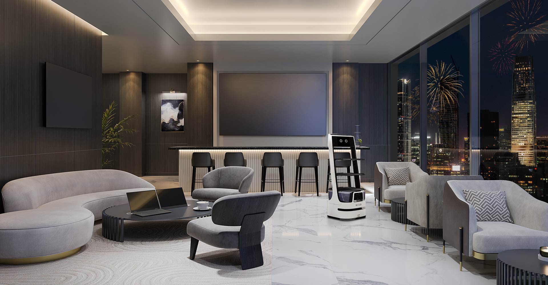A hotel lounge is equipped with a set of displays that welcome the guests from its entrance. LG CLOi ServeBot and LG gram aid the visitors' convenience.
