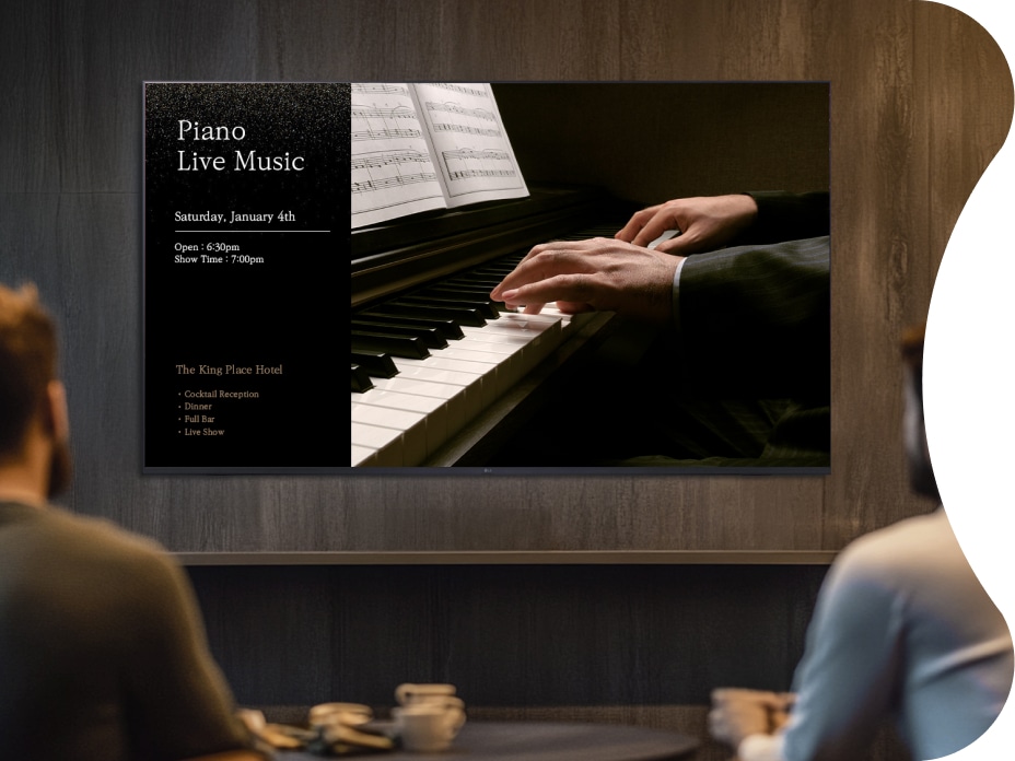 A 55-inch UHD signage displays event and promotion information for the guests at the hotel lounge.
