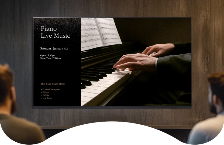 A 55-inch UHD signage displays event and promotion information for the guests at the hotel lounge.
