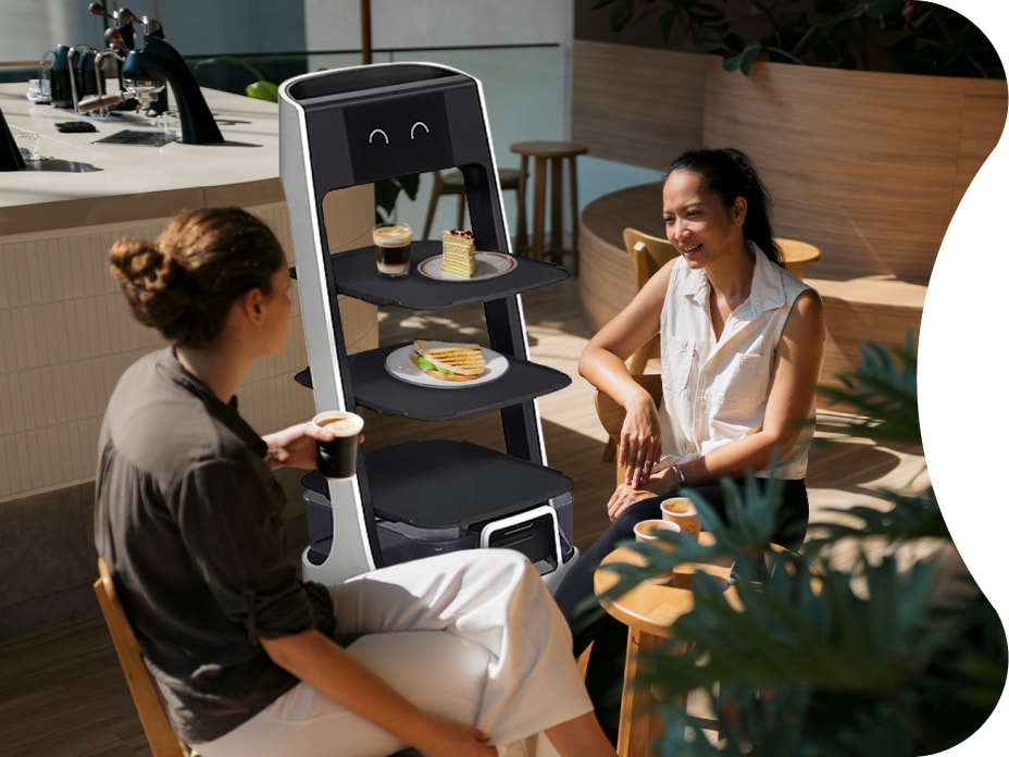 A LG CLOi ServeBot brings guest order. Be it food or any other ammenity, LG CLOi can serve.