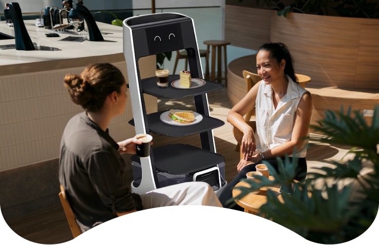A LG CLOi ServeBot brings guest order. Be it food or any other ammenity, LG CLOi can serve.