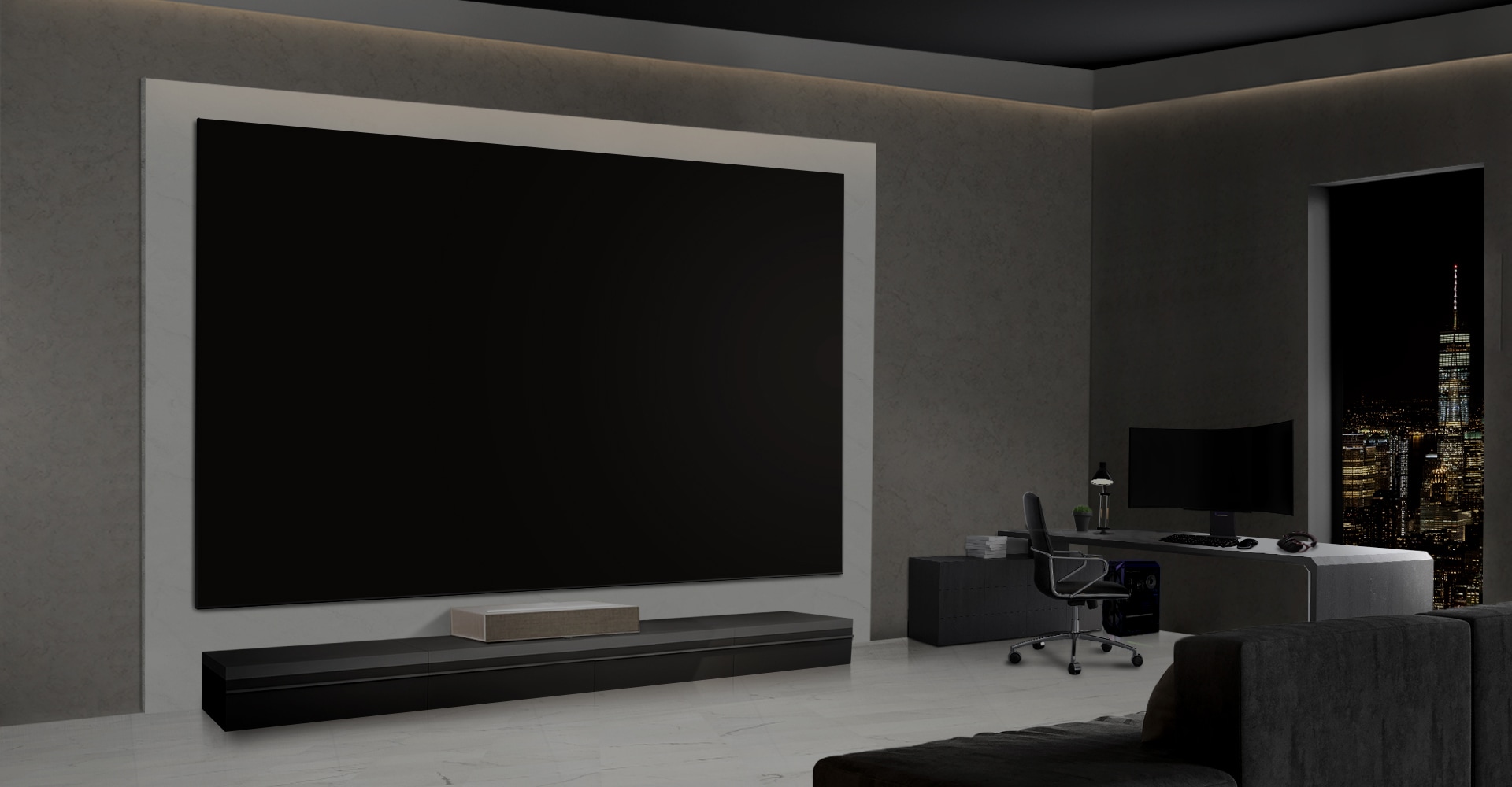 A home cinema and a hobby room is equipped with LG products such as LED signage, short-throw beam projector and gaming monitor as part of LG Integrated Solutions.