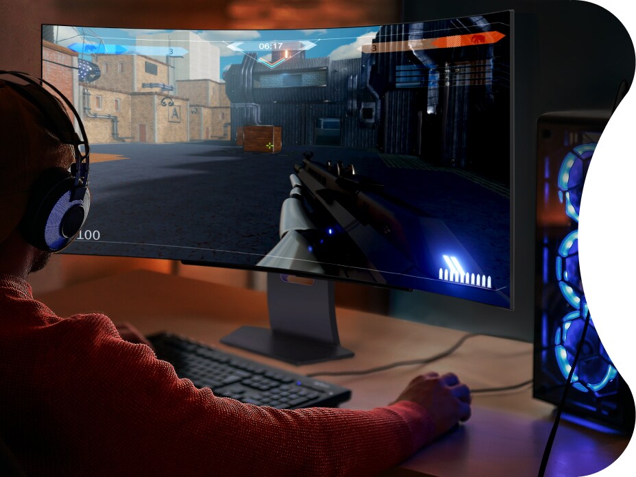 With a huge 45” display, 21:9 aspect ratio and a dramatic curved OLED screen, you’ll feel like you’re actually in the game. LG gaming monitor.