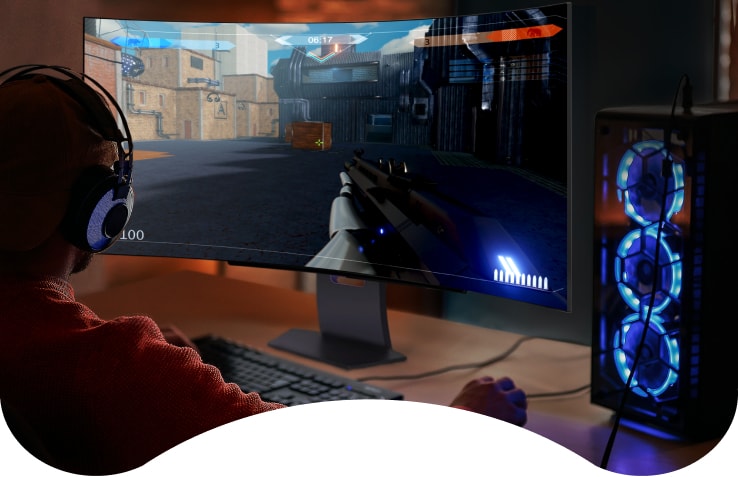 With a huge 45” display, 21:9 aspect ratio and a dramatic curved OLED screen, you’ll feel like you’re actually in the game. LG gaming monitor.