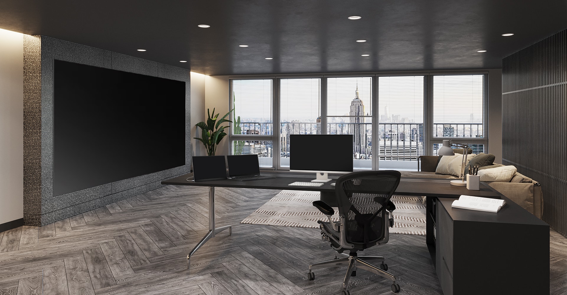 A home office is equipped with LG products such as LED signage, laptop and monitor as part of LG Integrated Solutions.