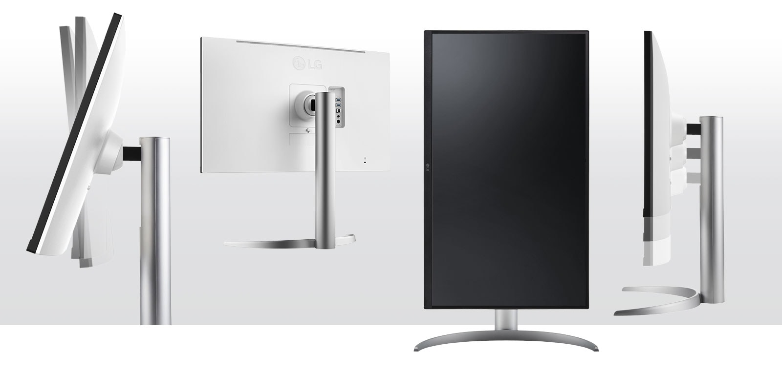 the monitor in the ergonomic design supporting tilt, pivot and height adjustment options and offering one click stand.