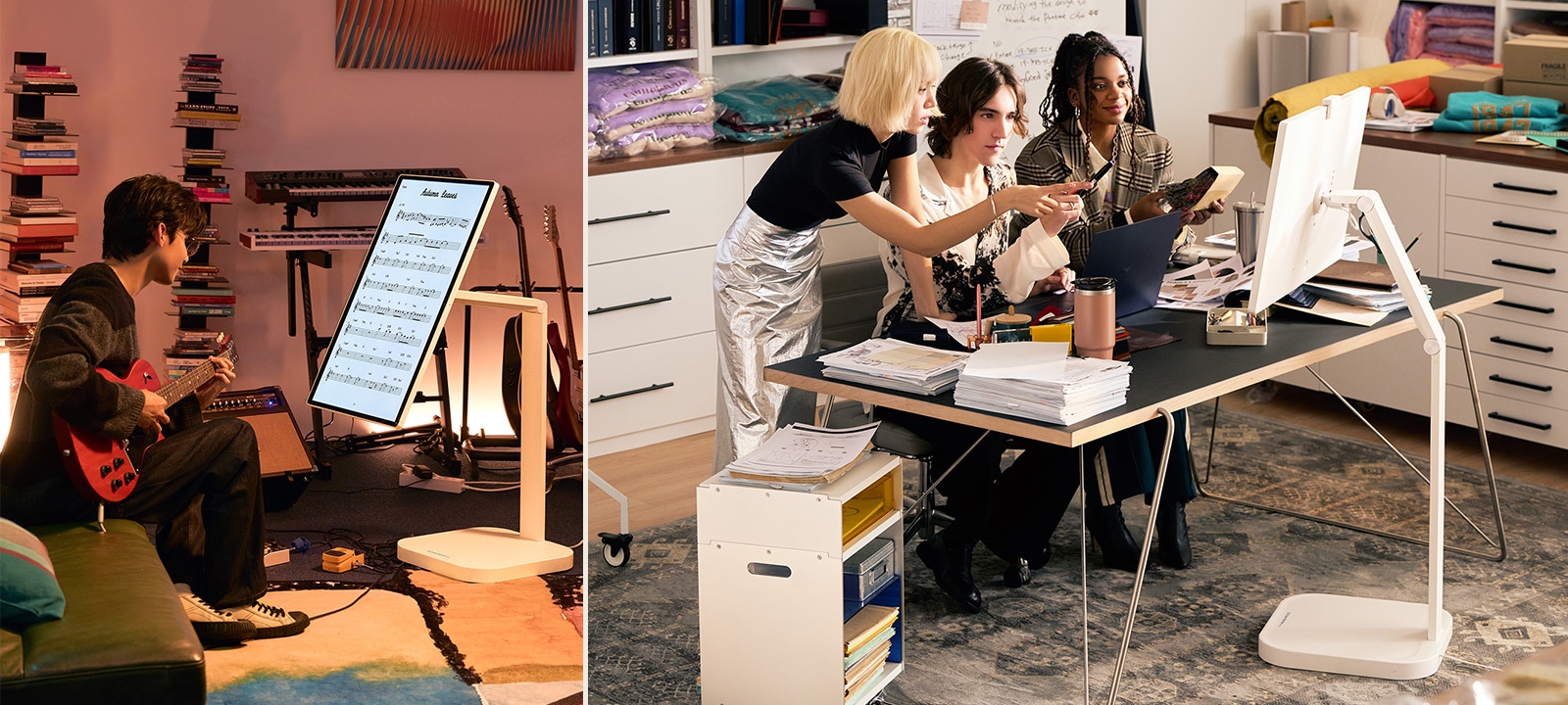 In the left image, a man is playing the guitar while reading sheet music on a LG Smart Monitor Swing. In the right image, three employees are working together using a LG Smart Monitor Swing.	