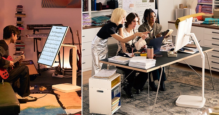 In the left image, a man is playing the guitar while reading sheet music on a LG Smart Monitor Swing. In the right image, three employees are working together using a LG Smart Monitor Swing.	