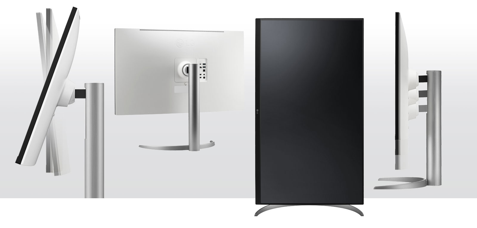 the monitor in the ergonomic design supporting tilt, pivot and height adjustment options and offering one click stand.
