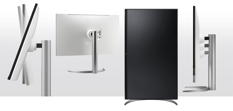 the monitor in the ergonomic design supporting tilt, pivot and height adjustment options and offering one click stand.
