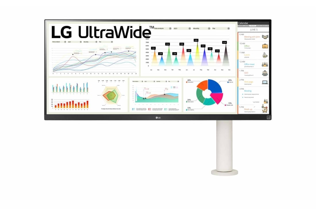 LG 34'' 21:9 UltraWide? FHD (2560 x 1080) Monitor with Ergo Stand, front view with the monitor arm on the right., 34WQ680